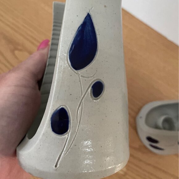 Williamsburg Pottery Ceramic Candle Holders Wall Sconces Blue Leaf Salt Glaze - Picture 6 of 9